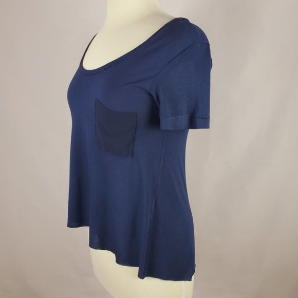 Rag & Bone Navy Blue Crew Neck Pocket Tee With A High Low Raw Hem - Sz XS - Picture 3 of 7